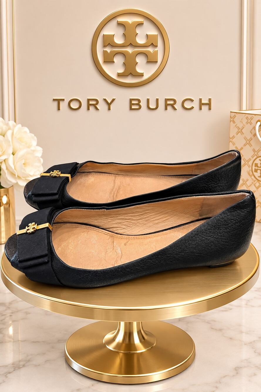 Tory Burch Eddie Ballet Flats Black Leather Bow Women’s 6